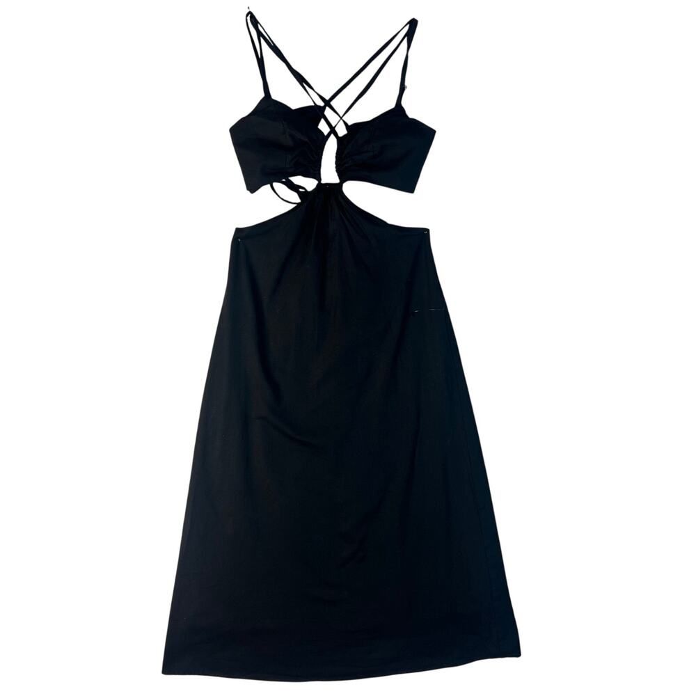 Lulus Black Cutout Criss Cross Strappy Tie Back Cotton Midi Dress Size S